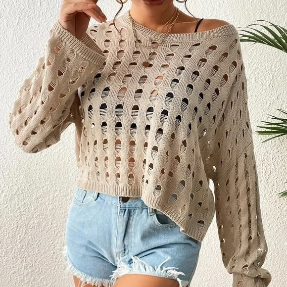 Khaki Boho Womens Hollow Out Drop Shoulder Cover Up - Picture 4 of 5